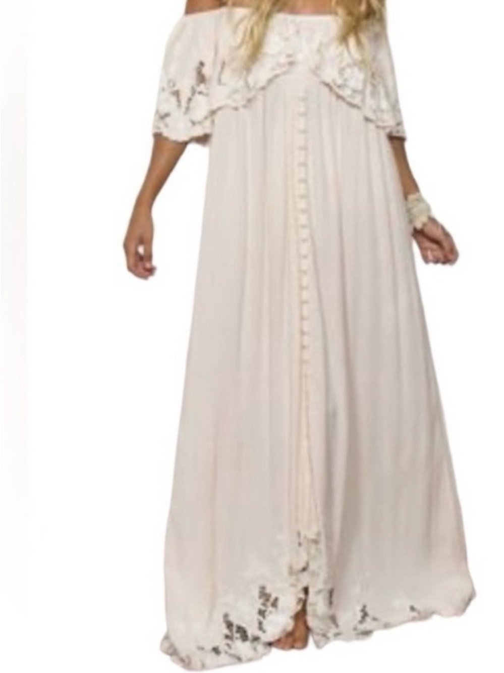 FillyBoo wonder years Off-Shoulder Cream Maxi Dress with Lace Trim